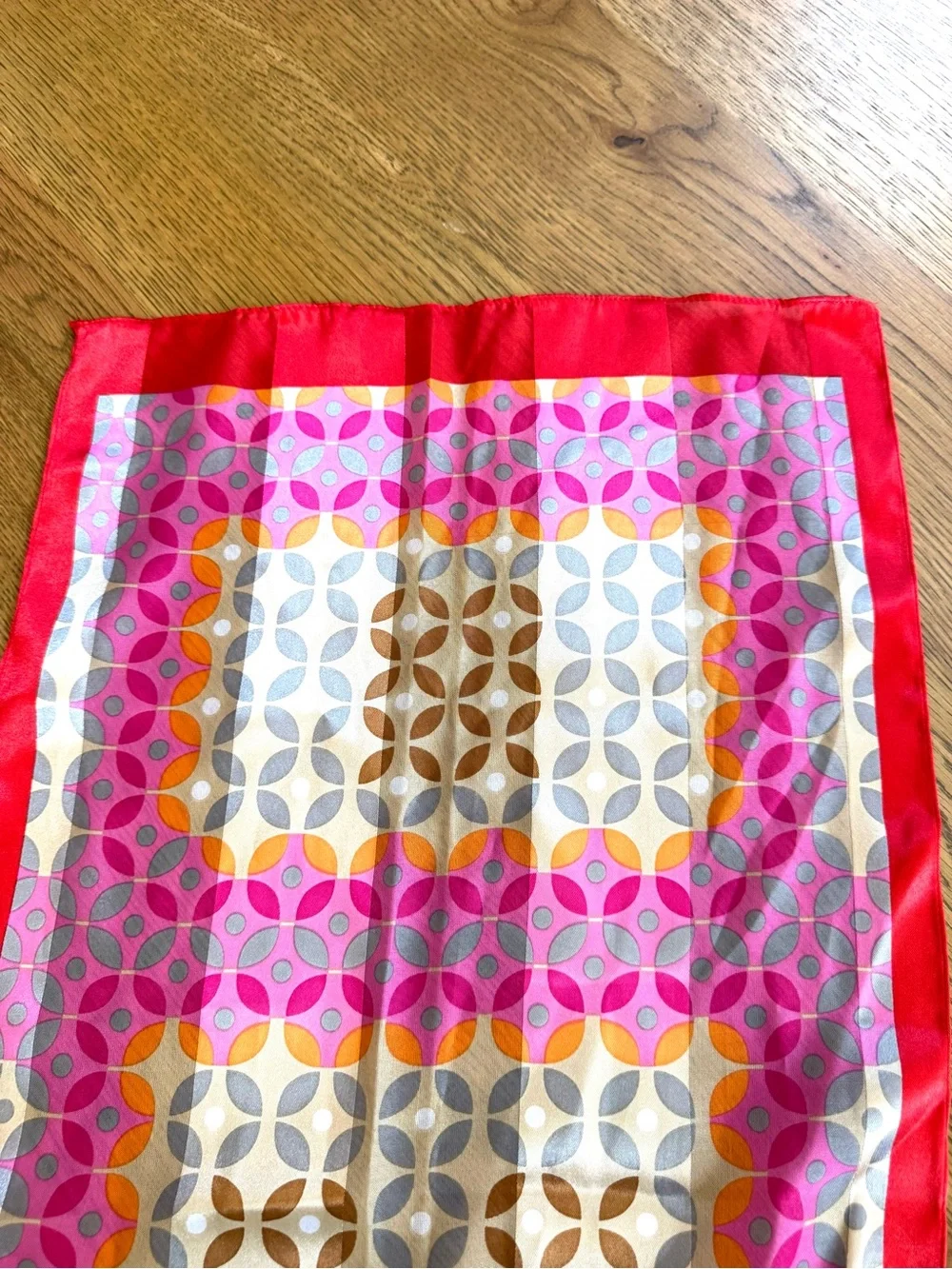 Vintage Geometric Silk Scarf Pink Orange Brown Gray 30” Long OS